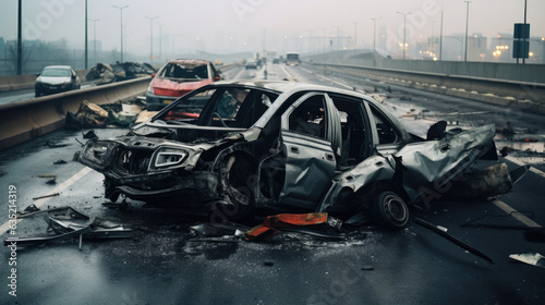 Damaged cars after an accident on the highway