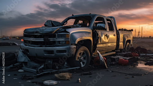 Damaged pickup trucks after an accident on the highway