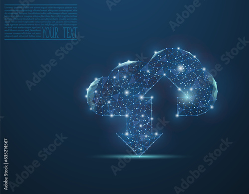 Cloud technologies composed of dots and grid. Wireframe cloud storage sign with two up and down arrows on a dark blue background. Cloud computing, data center, infrastructure of the future, digital AI
