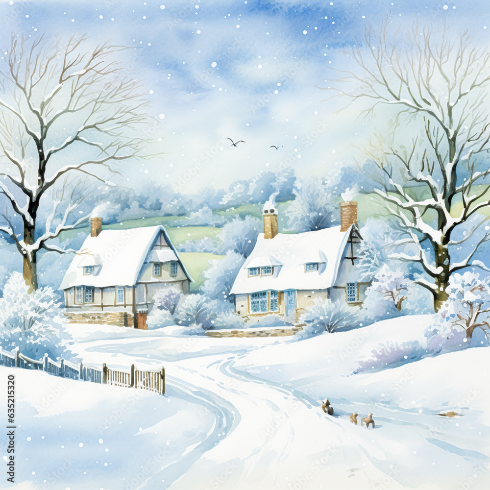 Naklejka premium Merry Christmas and Happy Holidays, watercolour printable art print, English countryside cottage as snow winter holiday Christmas card, thank you and diy greeting card design, country style