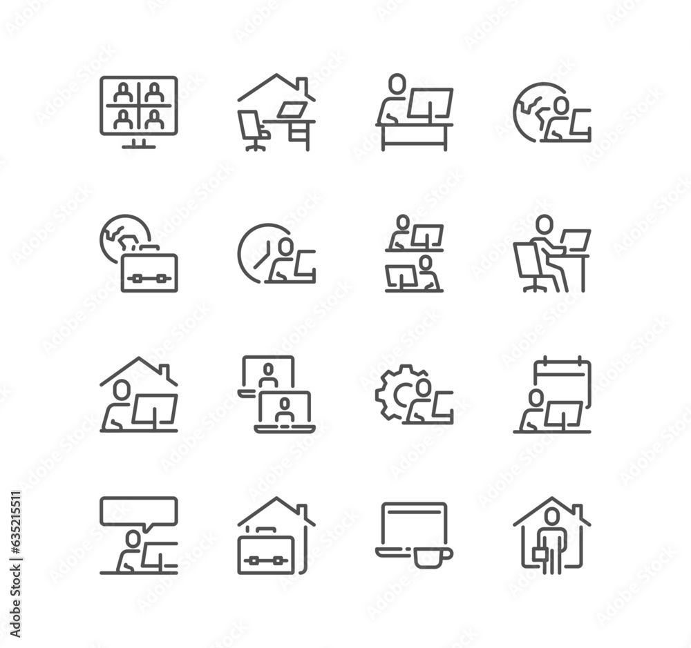 Set of work place related icons, working, remote work, video conference, coworking, freelancer, home office and linear variety vectors.