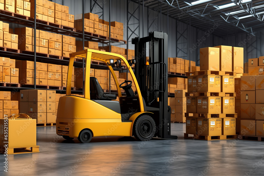 3D rendering of delivery, forklift, machine, truck, warehouse, lift, industry, equipment.