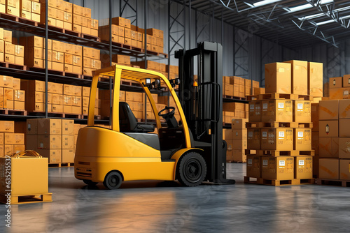 3D rendering of delivery, forklift, machine, truck, warehouse, lift, industry, equipment. © JKLoma