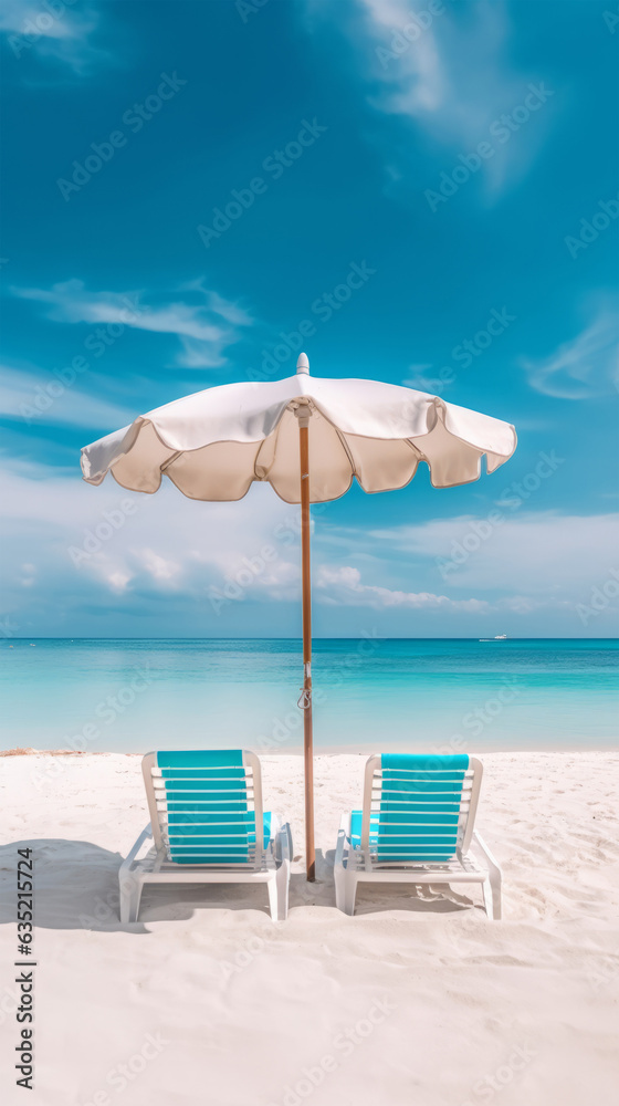 Two beach chairs under an umbrella on a sandy beach, a perfect spot for a relaxing summer vacation