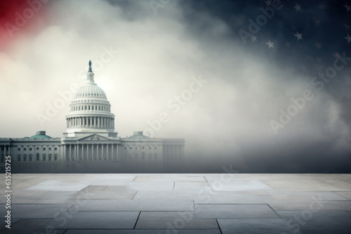 Political Freedom Graphic Resource: Tile Floor, US Capitol Building, Clouds Smoke, Empty Space for Text Generative AI photo
