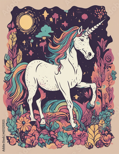 White magic rainbow unicorn in the woods at night in a retro style. Fantasy retro illustration of a magical unicorn surrounded by flowers in the forest.