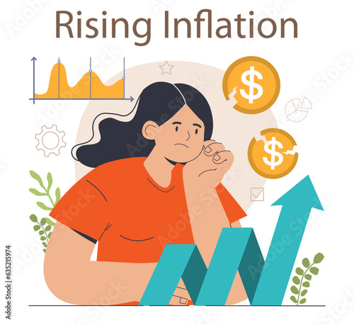 Rising inflation. Growing up prices for goods and value of money recession.