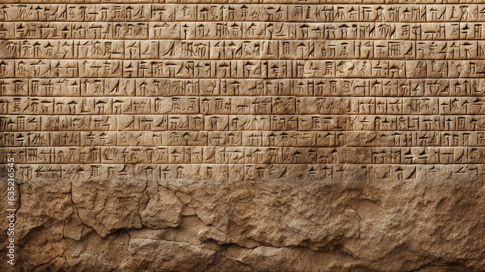 Ancient cuneiform of Babylon in Mesopotamia carved in old stone wall ...