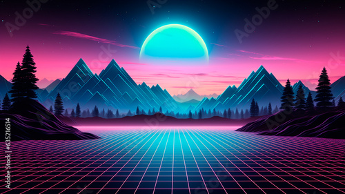 futuristic landscape with neon lights, mountains and neon lines.