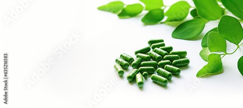 Medicinal green capsules on a desk and white background
