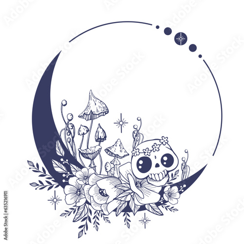 Vector illustration of mystical moon, flowers, mushrooms and skull. Illustration in boho style. Drawing for a tattoo