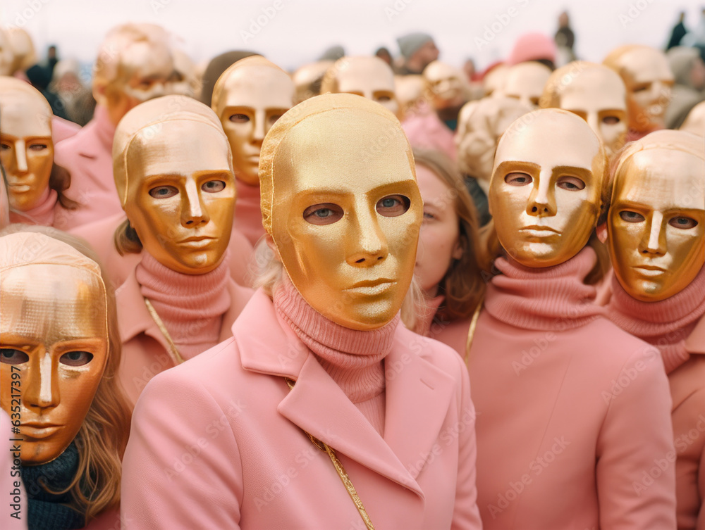 Mannequins wearing pink coats in a crowded fashion store