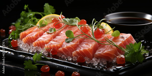 tuna sashimi, black background.