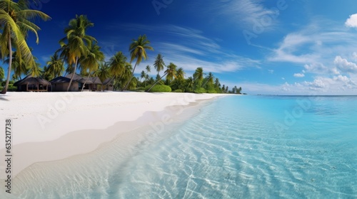 Beautiful tropical background with palm trees  water villas  beach chairs   and amazing sea