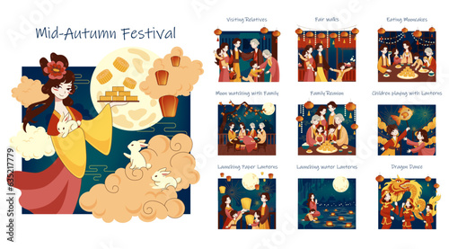 Traditional chinese fest set. Mid-Autumn festival, moon festival or mooncake photo
