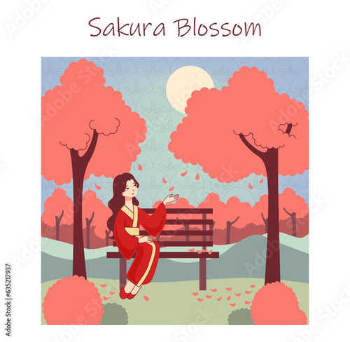 Oriental culture. Asian woman enjoying Hanami. Girl sitting under blooming