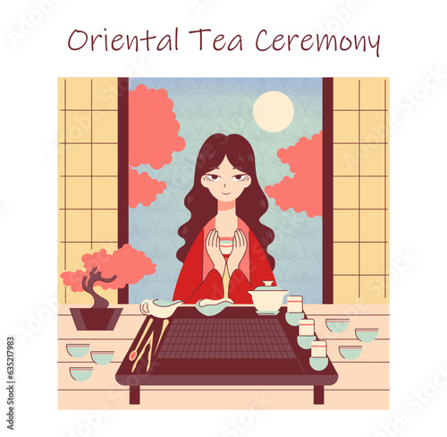 Tea ceremony. Japanese woman preparing and drinking tea at kotatsu