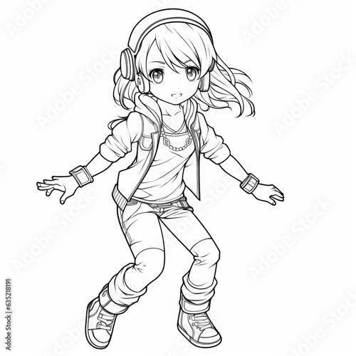 Illustration of a girl skateboarding with headphones on