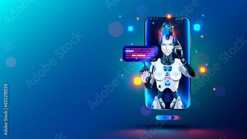 AI chat bot talking with customers at mobile phone. Internet Chatbot in image robot woman on screen phone click on speech bubble. Artificial intelligence female cyborg support user of internet service