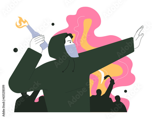 Riot. Angry characters throwing molotov cocktail. People on street rally