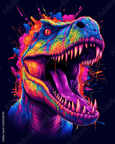 A vibrant and fierce dinosaur roaring with its mouth wide open © Unicorn Trainwreck