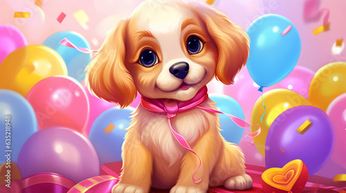 A cute Rottweiler puppy sitting in front of a colorful bunch of balloons