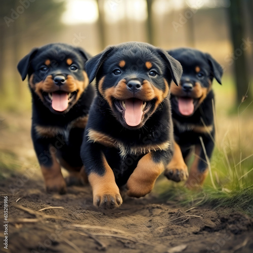Three energetic Rottweiler dogs sprinting through the enchanting woodland