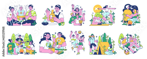 Retreat camp, modern outdoor recreation set. Characters spending