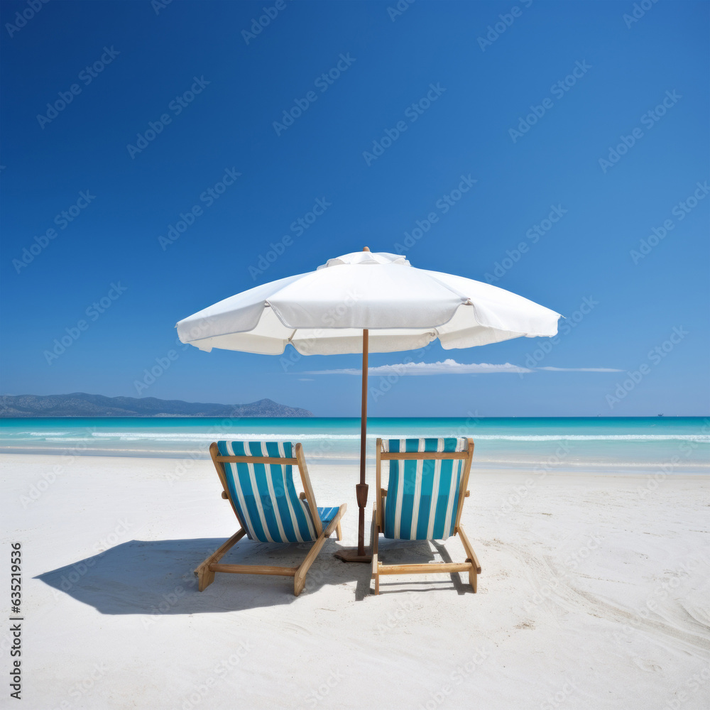 Two beach chairs under a colorful umbrella, inviting relaxation and enjoyment in the sun