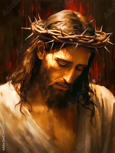 Jesus wearing a crown of thorns, depicting the suffering and sacrifice of Jesus Christ in Christian faith - Christian Illustration photo