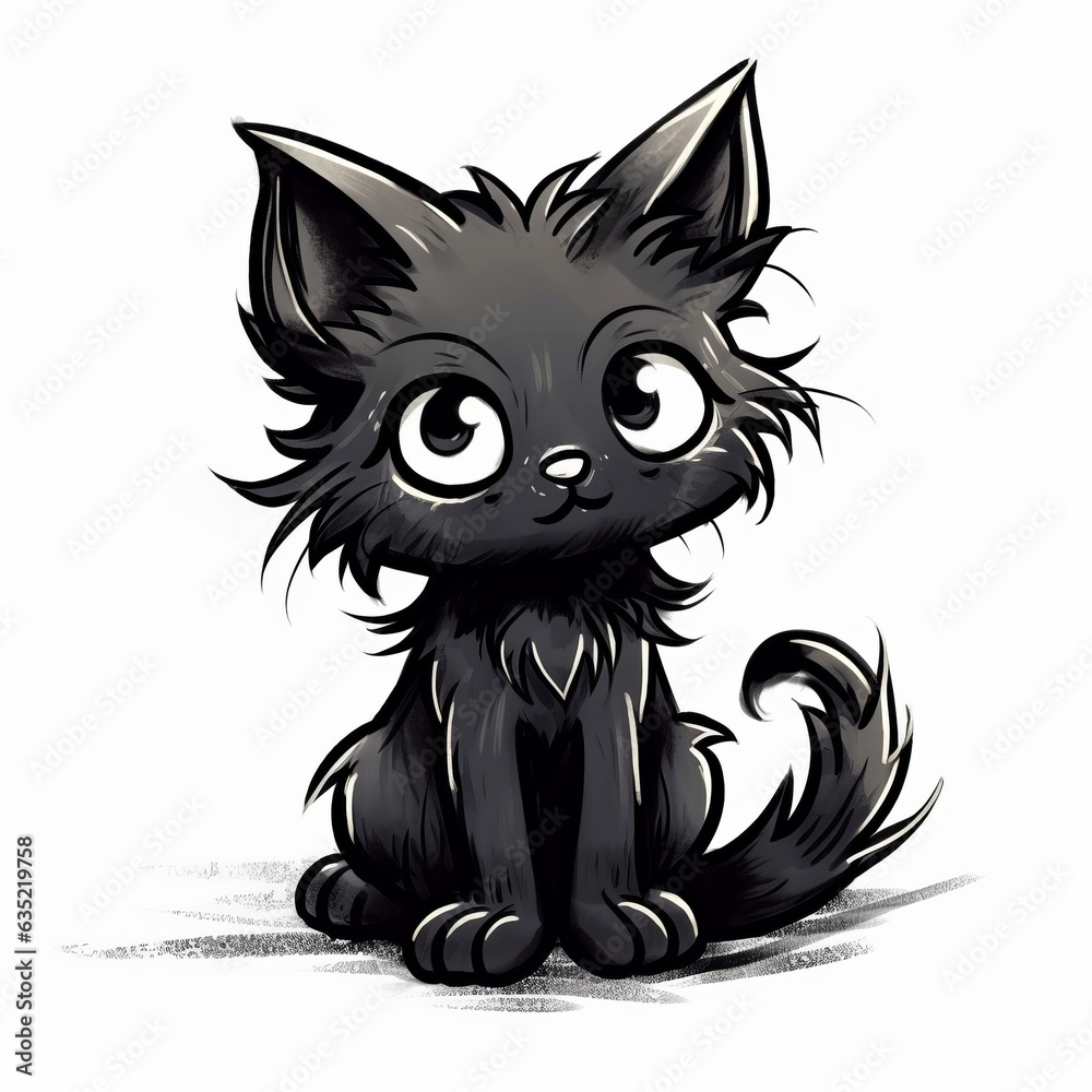 A cute black cat with big eyes sitting down