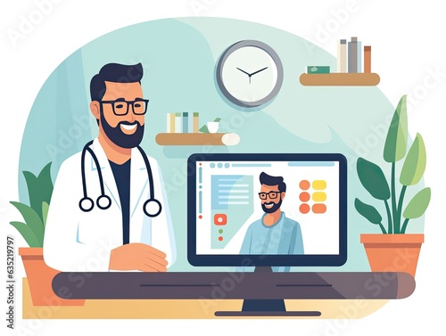 Online tele medicine and healthcare providers concept illustration. Online medical consultation and treatment via web applications connected to clinic. Online doctor consultation technology.