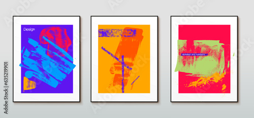 Set of three Modern art posters vector. Abstract creative minimalist hand drawn vector illustration. Template for wall decor, print, poster, card, mural, carpet, hanging. Trendy brush stroke colored.