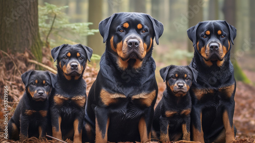 A group of black and brown Rottweiler dogs and puppies sitting together photo
