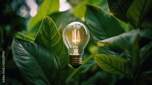 Energy conservation, light bulb on the background of green leaves as a symbol.