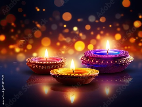 Happy Diwali, clay diya oil lamps lit during Dipavali, Hindu festival of lights colorful celebration