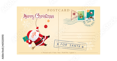 Template of an old Christmas envelope with a picture of Santa Claus going down the chimney. Retro style Christmas postcard with rubber seal, stamp. Vector illustration in cartoon, retro style