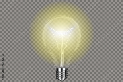 Glass light bulb on a transparent background with a bright yellow glow. Bright light. Light bulb on transparent background. Vector illustration.