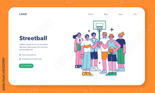 Streetball game web banner or landing page. Team players play basketball