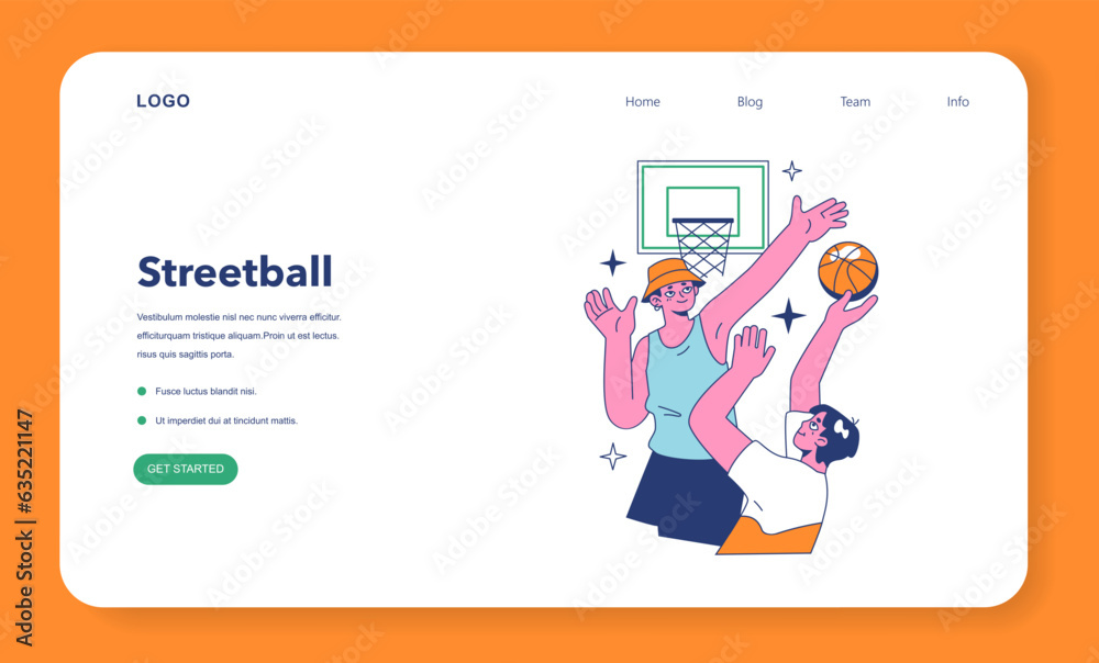 Streetball game web banner or landing page. Team players play basketball Streetball game web banner or landing page. Team players play basketball