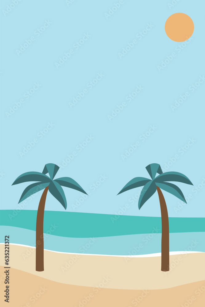 Summer beach background with sky, sand, sun, palms. Vector illustration.