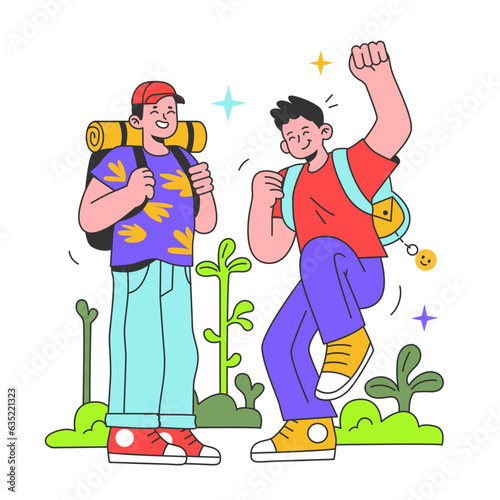 Summer holidays. Two boys, brothers or friends with hiking backpacks