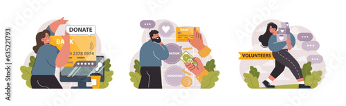 Charity set. Volunteers community take care of people in need. Idea of care