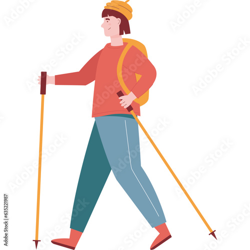 Man enjoy sticks nordic walking vector icon