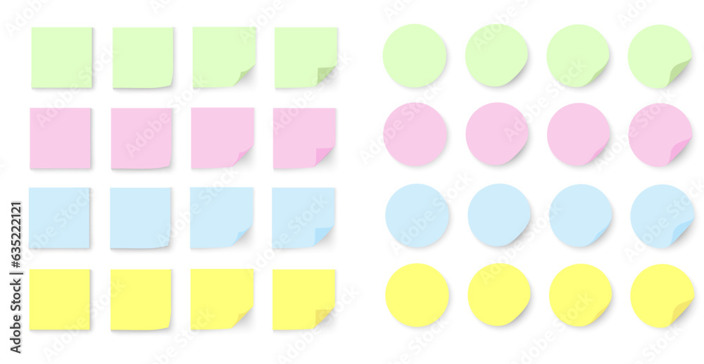 Set of paper colorful stickers. Round and square stickers with curved corners. Abstract geometric design template. Vector illustration. Set of paper colorful stickers. Round and square stickers with curved corners. Abstract geometric design template. Vector illustration.