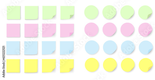 Set of paper colorful stickers. Round and square stickers with curved corners. Abstract geometric design template. Vector illustration.