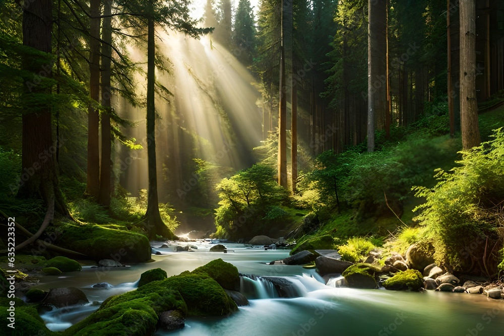 a sunlit forest glade with a gently flowing stream