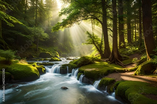 a sunlit forest glade with a gently flowing stream