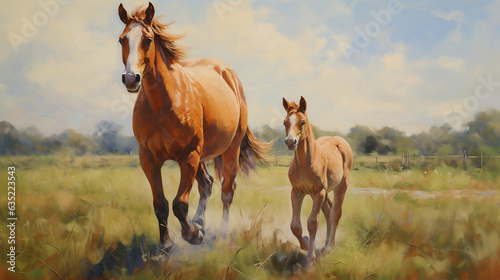 Big horse and small horse in the field new quality universal colorful technology stock image illustration design generative ai