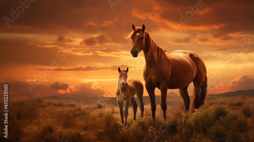 Big horse and small horse in the field new quality universal colorful technology stock image illustration design generative ai © Taisiia